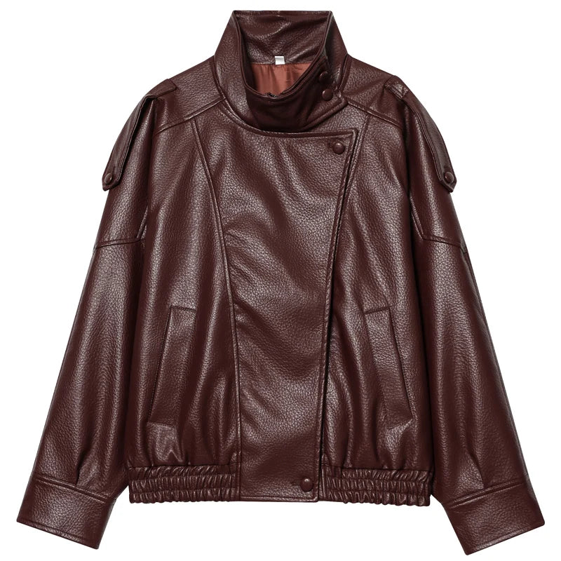 HXAO Faux Leather Black Jackets For Woman New Arrival Cropped Oversize Bomber Jacket Zip-Up Long Sleeve Coats Motorcycle Jackets