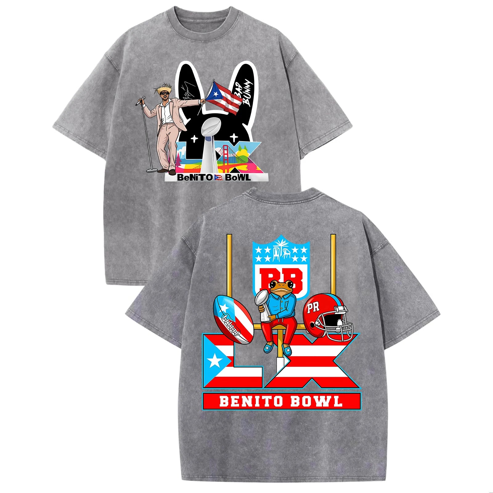 Bad Bunny Benito Bowl LX 2026 Washed T-shirt Men Women Hip Hop Short Sleeve Oversized Tee Shirt