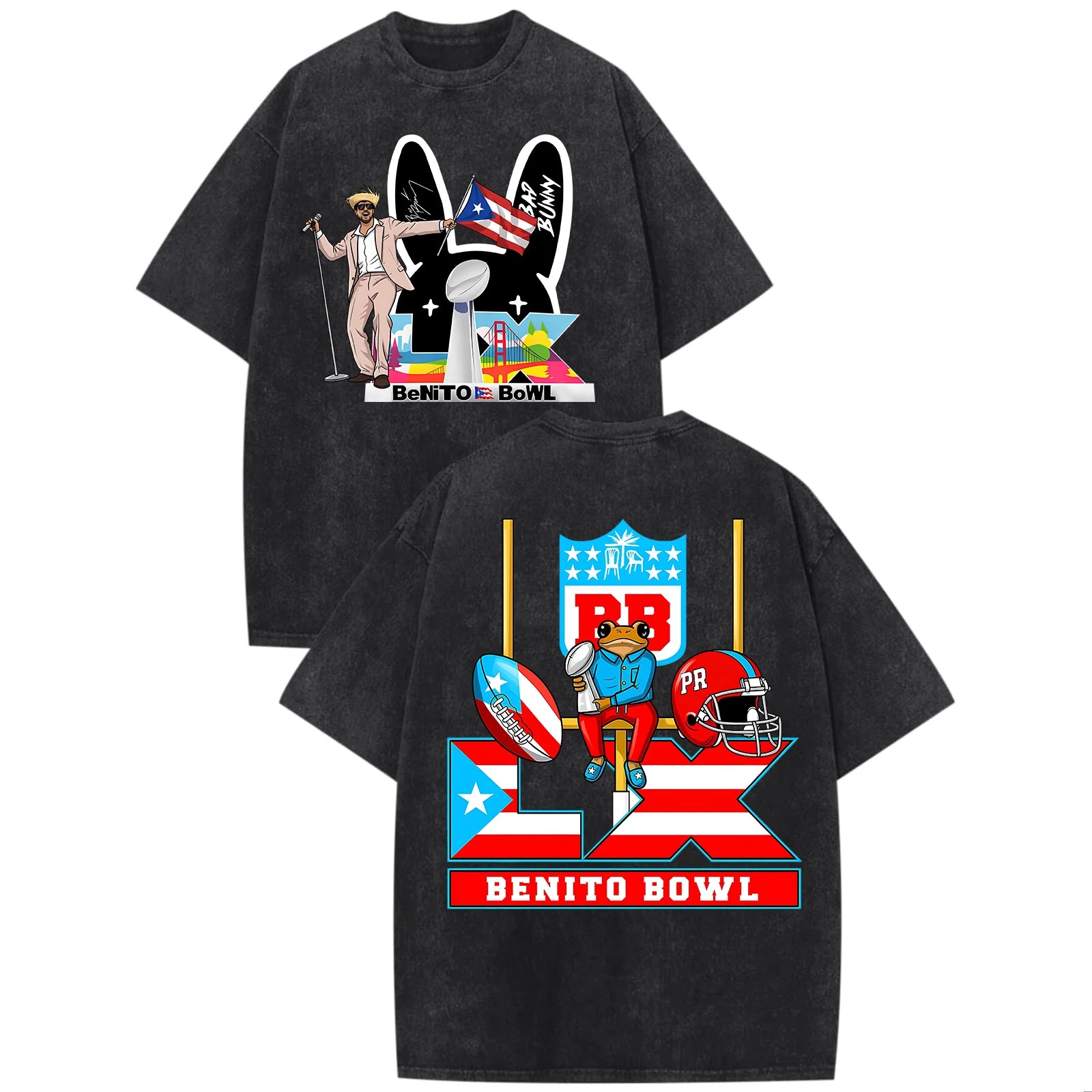 Bad Bunny Benito Bowl LX 2026 Washed T-shirt Men Women Hip Hop Short Sleeve Oversized Tee Shirt