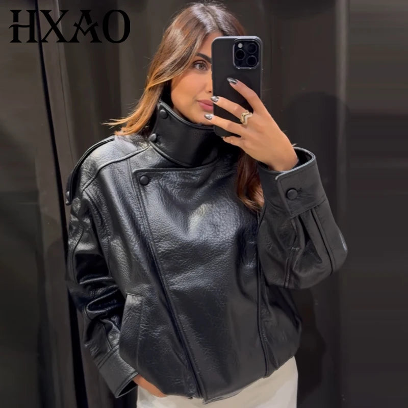 HXAO Faux Leather Black Jackets For Woman New Arrival Cropped Oversize Bomber Jacket Zip-Up Long Sleeve Coats Motorcycle Jackets