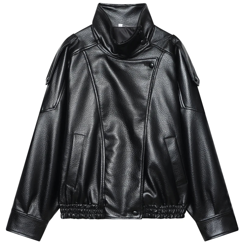 HXAO Faux Leather Black Jackets For Woman New Arrival Cropped Oversize Bomber Jacket Zip-Up Long Sleeve Coats Motorcycle Jackets