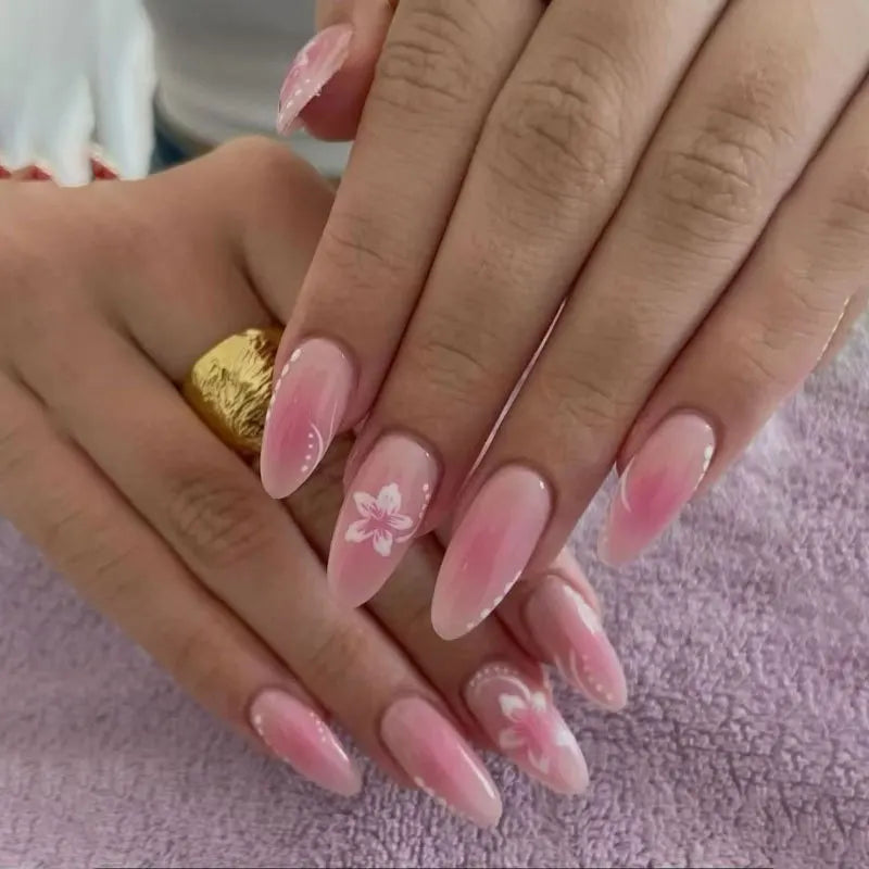 Pink French Style False Nails White Flower Printed Short Square Head Press on Nails Simple Wearable Artificial Nails Art 24Pcs