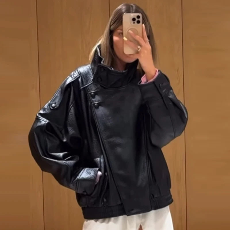 HXAO Faux Leather Black Jackets For Woman New Arrival Cropped Oversize Bomber Jacket Zip-Up Long Sleeve Coats Motorcycle Jackets