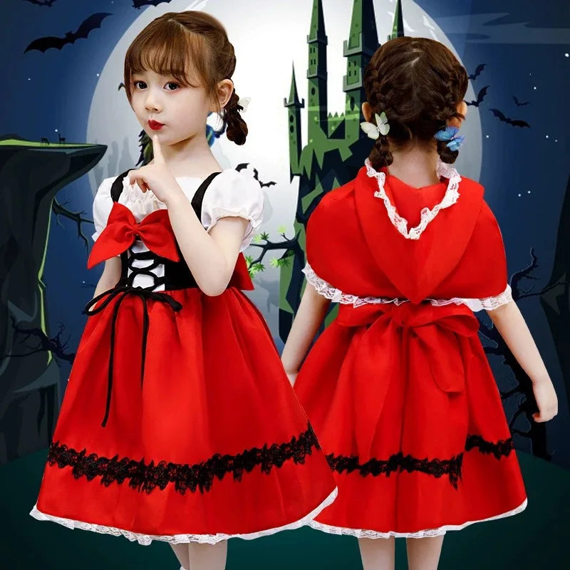 Girls Little Red Riding Hood Halloween Costume Fancy Dress Cosplay Princess Baby Party Outfit with Cape Age 4-12 Years Polyester