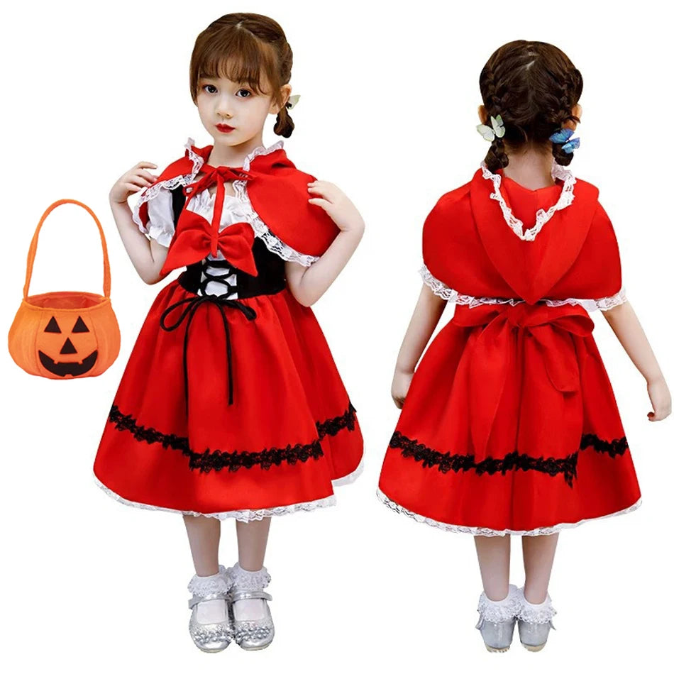 Girls Little Red Riding Hood Halloween Costume Fancy Dress Cosplay Princess Baby Party Outfit with Cape Age 4-12 Years Polyester